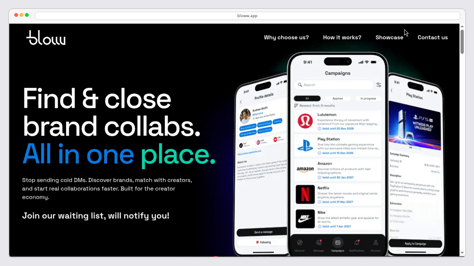 Bloww landing page product screenshot